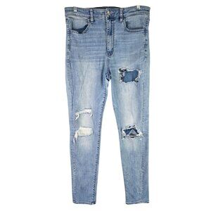 Womens American Eagle High Rise Distressed Super Stretch Blue Denim Jeggings 12